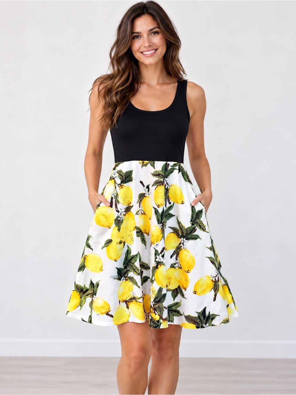 KIRA Lemon Print Fit & Flare Dress Size S Black White Yellow Side Pockets